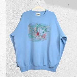 90s Cabin Sweatshirt by Northern Reflections Cabin Scenery Light Blue Size XL